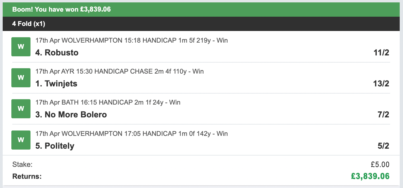 Winning betslip, 17th April 2026