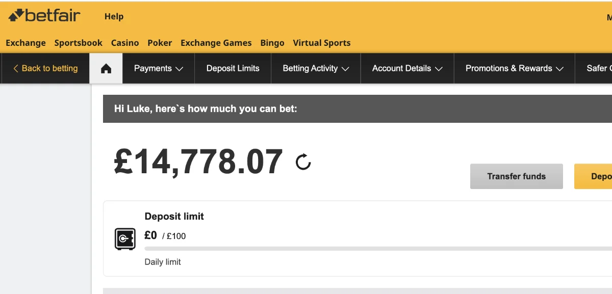 Betfair account balance screenshot showing winnings